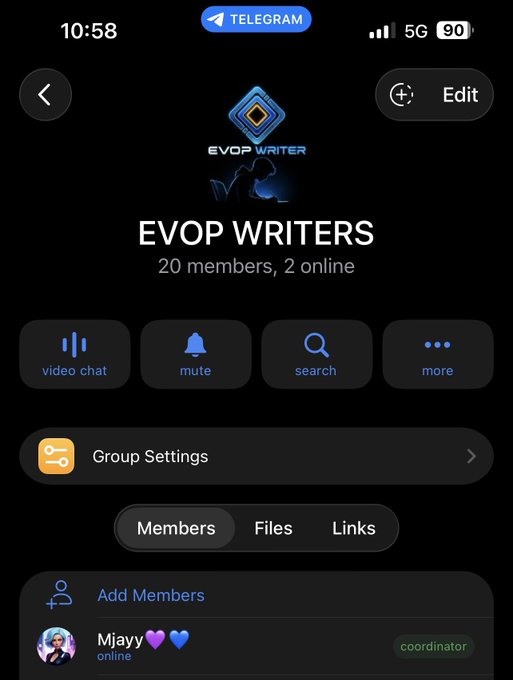 A screenshot of a Telegram group info page for 'EVOP WRITERS' showing 20 members with 2 online, including a coordinator named 'MJayy'.