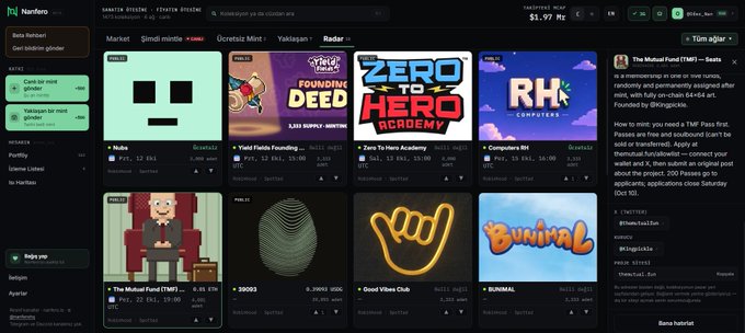 A screenshot of the Mantra blockchain dApp browser interface showing various apps like 'Naka', 'Yard Fields Founding', 'Zero To Hero Academy', and 'The Mutual Fund (TMF)'.