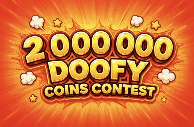 A vibrant orange burst background with gold 3D text reading "2,000,000 DOOFY COINS CONTEST," surrounded by comic-style explosion clouds and stars, promoting the giveaway of 2,000,000 $DOOFY tokens as mentioned in the accompanying post.