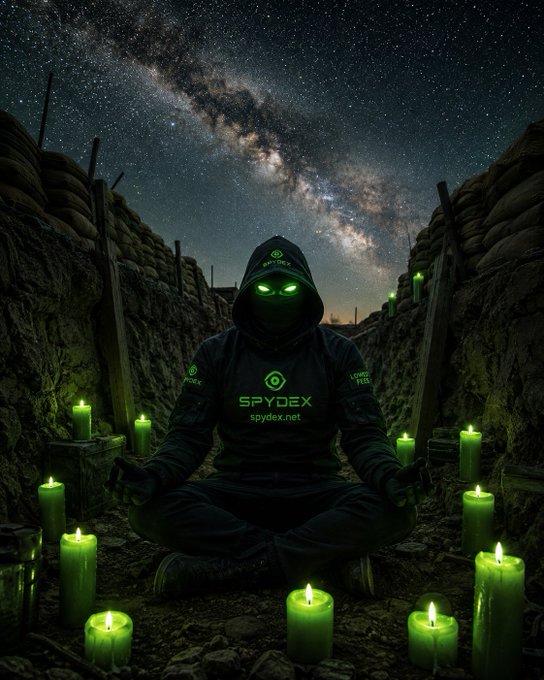 A hooded figure with glowing green eyes sits cross-legged in a trench surrounded by lit green candles under a starry Milky Way sky, wearing a black outfit branded with "SPYDEX spydex.net" and "WOMP FIEL".