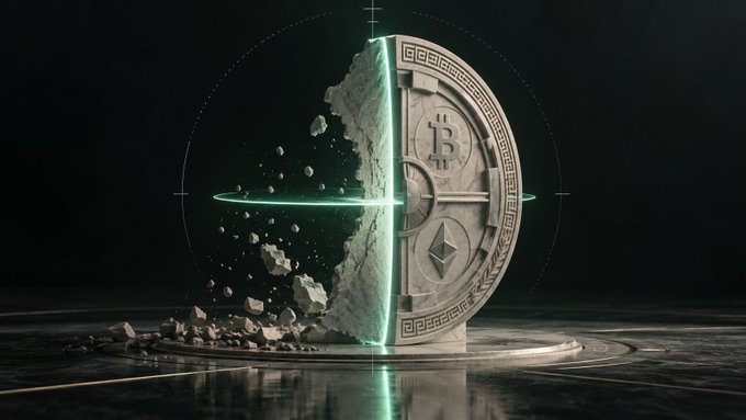 A 3D rendering of a stone monument split in half, displaying the Bitcoin and Ethereum logos, with debris and green light emanating from the crack.