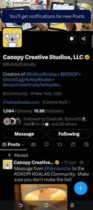 A screenshot of a Twitter/X profile page shows 'Canopy Creative Studios, LLC' (@KokopiCanopy), creators of @KokopiKoalas, with 15.8K followers and a pinned post warning users about 'KOPI KOALAS Community' scams.