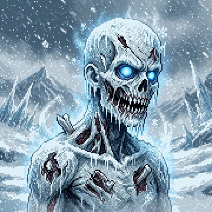 Pixel art of a menacing, icy skeletal zombie with glowing blue eyes in a snowy mountain landscape.