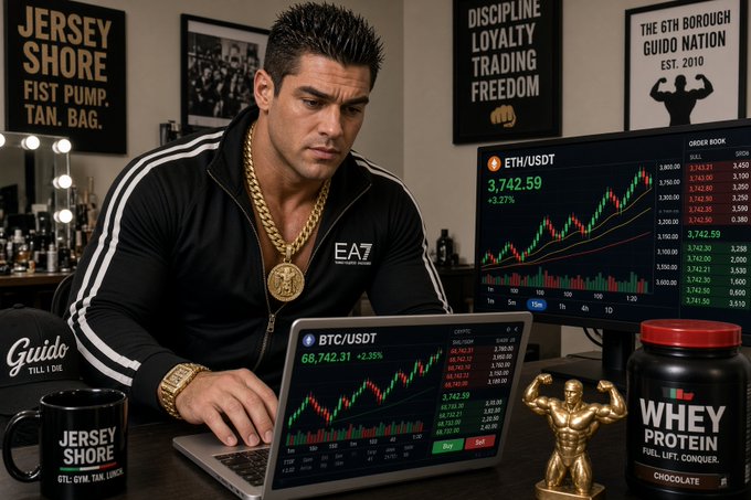 An AI-generated or heavily edited image of a muscular man resembling a fitness/crypto trader wearing a gold chain and EA7 tracksuit, sitting at a desk with multiple monitors showing ETH/USDT and BTC/USDT charts, with a 'JERSEY SHORE' mug, 'WHEY PROTEIN' container, and 'THE 6TH BOROUGH GUIDO NATION' poster in the background.