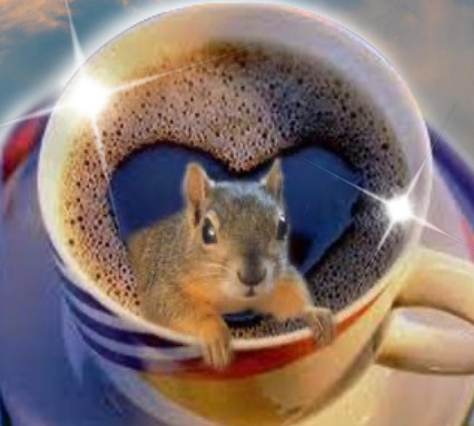 A whimsical image of a squirrel sitting inside a coffee cup with heart-shaped latte art foam, set against a sunny background.