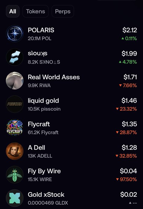 A cryptocurrency portfolio app displaying a list of tokens including POLARIS ($2.12), slouys ($1.99), Real World Asses ($1.71), liquid gold ($1.46), Flycraft ($1.35), A Dell ($1.28), Fly By Wire ($0.04), and Gold xStock ($0.02), with most showing significant price declines.