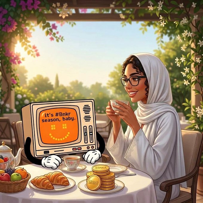 An illustrated scene shows a woman wearing a hijab and glasses enjoying a cup of tea at a garden table set with croissants and pastries, next to a cartoon TV displaying 'it's #Bnkr season, baby.' and a plate of cookies labeled '$BNKR'.