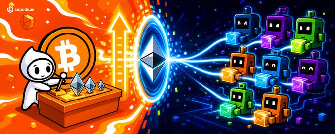 A colorful crypto-themed illustration by Liquidium showing a hooded figure with a Bitcoin logo and Ethereum symbols on one side, and colorful blocky characters on the other, connected by a portal.