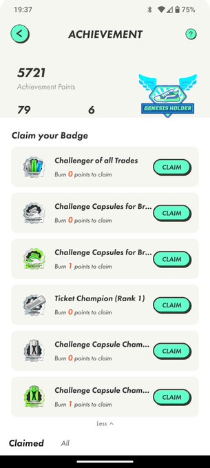 A mobile app achievement screen for 'Genesis Holder' showing 5721 achievement points and a list of claimable badges such as 'Challenger of all Trades' and 'Ticket Champion (Rank 1)'.