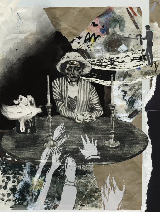 A mixed-media, surrealist artwork depicting a figure in a striped shirt and hat sitting at a round table with candles, while multiple disembodied hands reach up from below, set against a textured, painted background.