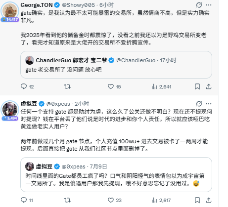 The image shows a social media timeline with Chinese-language posts discussing the Gate.io cryptocurrency exchange, where users debate its credibility and transaction fees. One post by George.TON mentions Gate.io as a trustworthy exchange with decent reputation, while another user @Oxpeas complains about Gate.io freezing their account for months, highlighting a customer support issue. This relates to the original post by showing the mixed sentiments—supporters and critics—regarding where crypto users choose to trade.