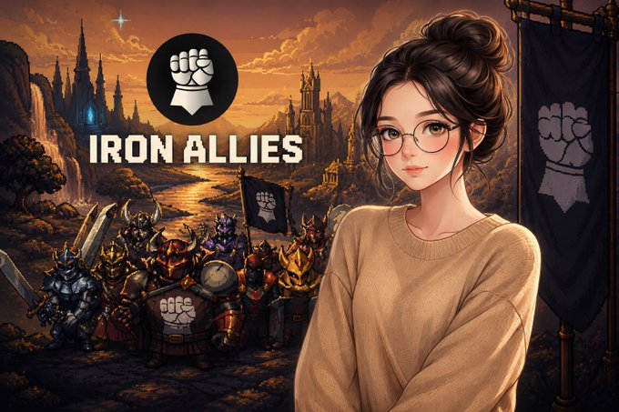 An illustration featuring a bespectacled anime-style woman in front of a fantasy landscape with an army and banners, alongside a logo reading "IRON ALLIES" with a fist emblem.