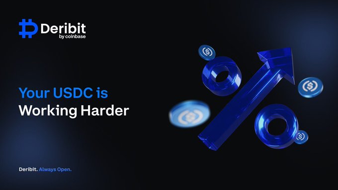 A digital advertisement for Deribit by Coinbase displays the text 'Your USDC is Working Harder' alongside a 3D blue upward arrow and floating USDC coins.