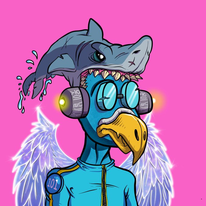 A colorful digital illustration of a bird-like creature with a shark on its head wearing futuristic goggles against a bright pink background.