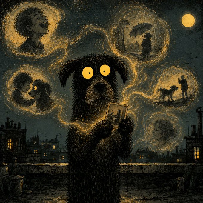 A dark, atmospheric illustration shows a shaggy black dog with glowing yellow eyes holding a photograph on a rooftop at night, surrounded by swirling golden orbs containing memories of a child and a woman.