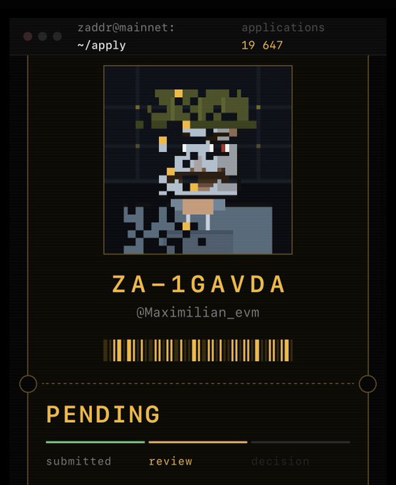 A digital application status card from 'zaddr@mainnet: ~/apply' showing user ZA-1GAVDA (@Maximilian_evm) with a pending status in the review stage, featuring a pixelated avatar.