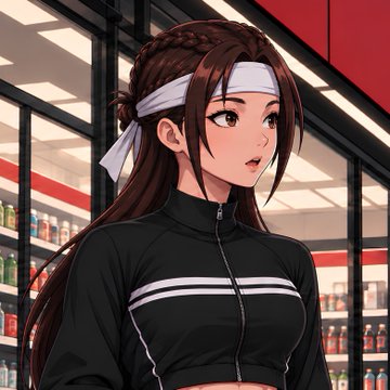 Anime-style illustration of a young woman with a white headband and long dark hair, wearing a black athletic jacket, standing in what appears to be a convenience store.