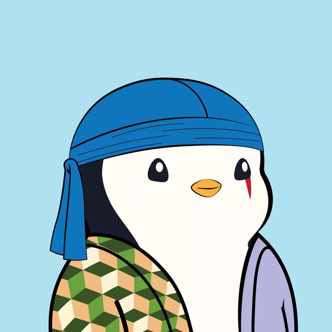 A cartoon penguin character wearing a blue bandana and a green and brown patterned vest against a light blue background.