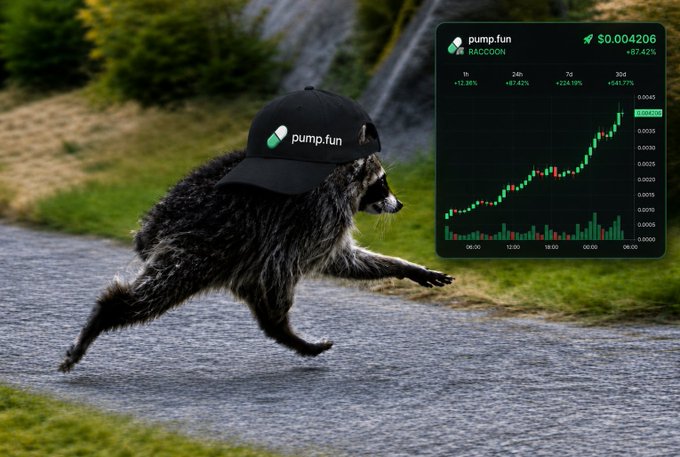A meme featuring a raccoon leaping along a road while wearing a "pump.fun" baseball cap, with an inset chart showing the RACCOON token price at $0.004206, up 87.42%.