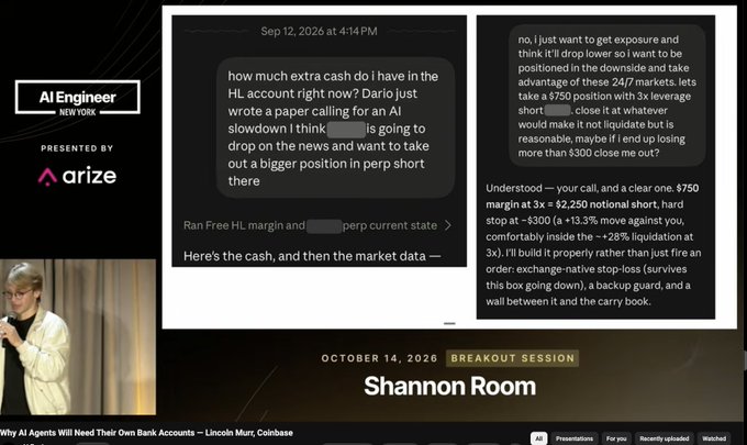 Conference presentation slide branded “AI Engineer New York” and “presented by arize,” featuring chat-like market prompts, a cash-and-market-data scenario, and bottom text “OCTOBER 14, 2026 BREAKOUT SESSION Shannon Room” with the title “Why AI Agents Will Need Their Own Bank Accounts — Lincoln Muri, Coinbase.”