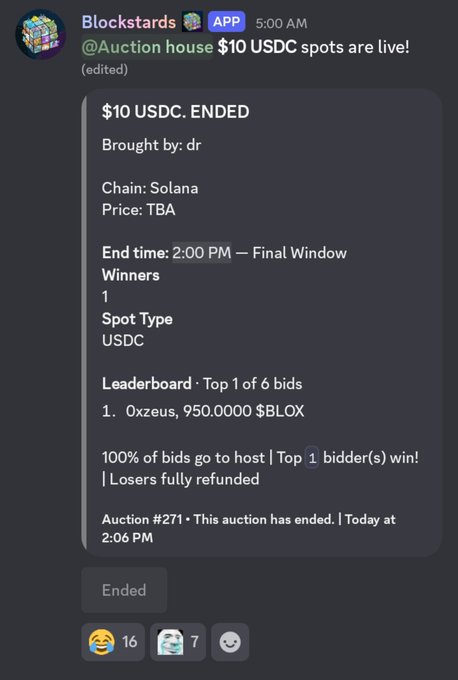 A Discord message from Blockstards announcing an auction house $10 USDC spot auction on Solana that has ended, won by 'Oxzeus' with 950.0000 $BLOX bid.