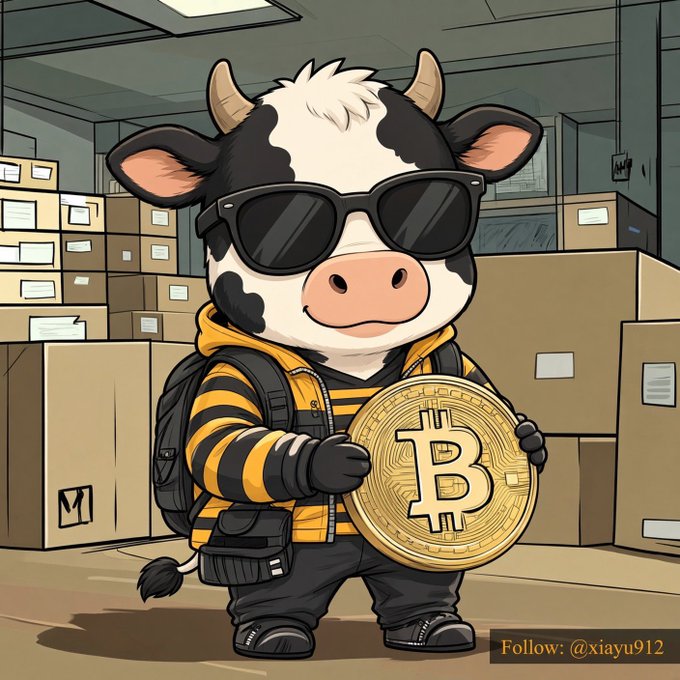 A cartoon illustration of a cow wearing sunglasses and a yellow and black striped hoodie, holding a large gold Bitcoin coin in a warehouse.