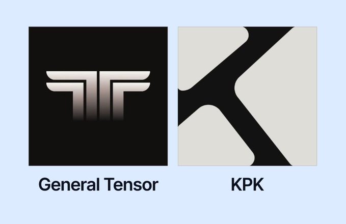 Two logos side by side on a light blue background: 'General Tensor' with a stylized symbol on black, and 'KPK' with a black X-like design on white.