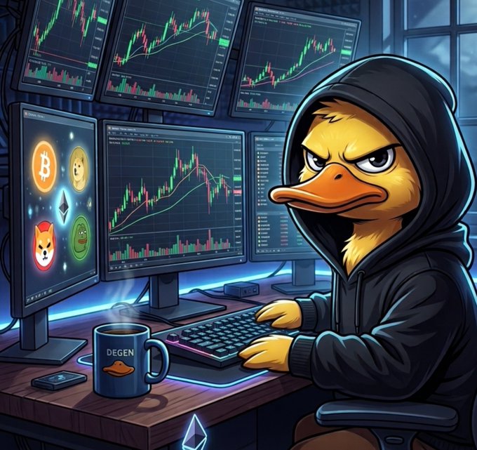 A cartoon-style illustration of an angry duck wearing a black hoodie trading cryptocurrency at a multi-monitor setup showing candlestick charts and crypto coin icons (Bitcoin, Doge, Shiba Inu, Pepe), with a blue 'DEGEN' coffee mug on the desk.