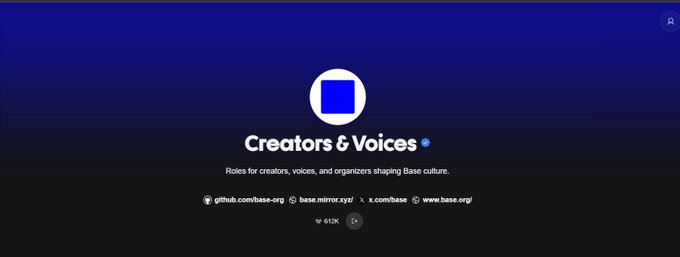 This image showcases the "Creators & Voices" section, highlighting its purpose of recognizing roles for creators shaping Base culture. It also includes links to GitHub, Mirror, X (Twitter), and the Base website, and indicates 612K have engaged.