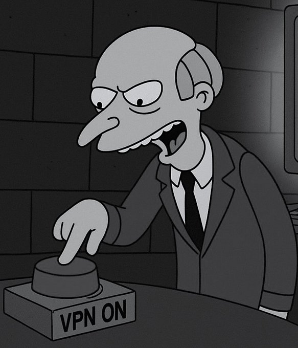 A black-and-white cartoon illustration of an angry, bald man in a suit pressing a button labeled 'VPN ON'.