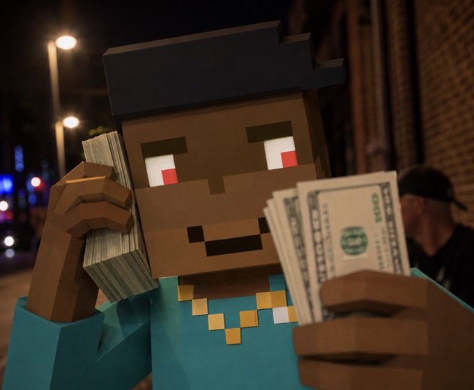 A person in a Minecraft character costume holds stacks of US hundred-dollar bills in both hands against a nighttime street background.