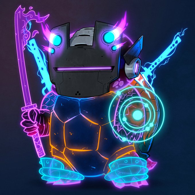 Neon-glowing cartoon robot with blue and pink energy weapons, including a sword and what appears to be a magic circle shield, set against a dark background.