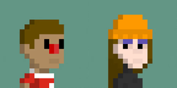 Two simple pixel art character sprites side by side, one with brown hair in a red outfit and another with long orange hair in a dark outfit.