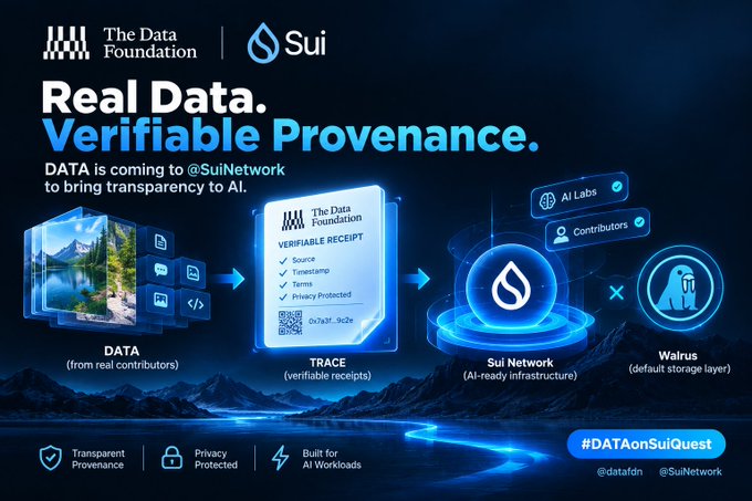 A promotional graphic for 'The Data Foundation' and 'Sui' titled 'Real Data. Verifiable Provenance.' describing DATA flowing through TRACE (verifiable receipts) to the Sui Network and Walrus storage layer, with hashtag '#DATAonSuiQuest' and handles '@datafdn @SuiNetwork'.