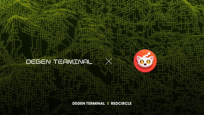 The image features a poster for a trading platform called "Degen Terminal X", which combines real-time signal intelligence with fast execution capabilities. The poster includes an illustration of a cat's face, symbolizing the importance of paying attention to market trends and opportunities in trading. The text on the poster highlights the partnership between Degen Terminal and Redcircle, emphasizing their collaboration for efficient trading strategies.