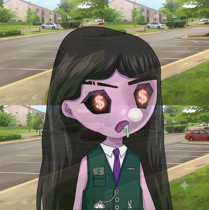 A cartoon-style character with long dark hair, purple skin, dollar signs in her eyes, and green drool dripping from her mouth, wearing a green vest and purple tie, set against a suburban street background.