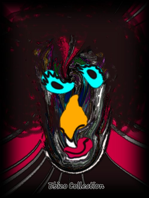 A distorted, colorful digital artwork of a face with glowing blue eyes and the text 'Ebizo Collection' at the bottom.