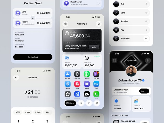 A mobile app interface for World App showing a World Coin balance of 45,600.24, send/receive functionality, withdrawal of $24.50, and a profile for @alaminhosen75.