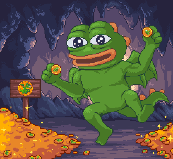 A green Pepe the Frog character with wings runs joyfully through a cave filled with piles of gold coins, holding one coin in each hand near a wooden sign with a frog emblem.