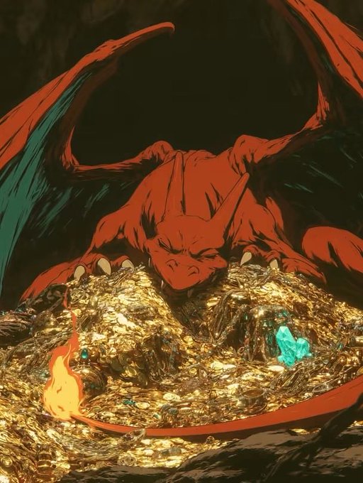 A red dragon with green-tinted wings crouches over a massive hoard of gold coins and treasures, with a glowing green gem and a small flame visible in the pile.