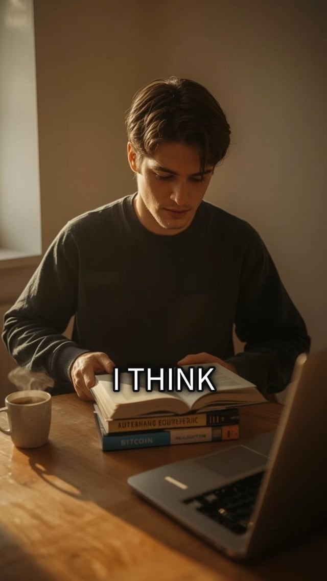 A young man reading a book at a wooden desk with a steaming coffee mug and a laptop, with the text 'I THINK' overlaid on the image.
