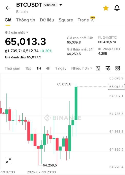 A Binance app screenshot shows BTCUSDT (Bitcoin) trading at 65,013.3 USDT, up 0.30% with a 24-hour high of 65,039.8 and low of 64,259.5. The candlestick chart illustrates Bitcoin's recent price recovery, visually supporting the post's question about whether BTC will reclaim cash flow after the 2026 World Cup.