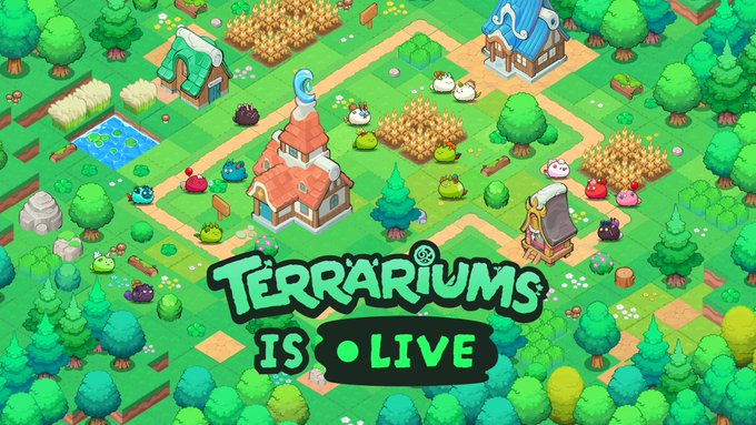 The image features a cartoon-like scene of a green forest with various elements such as trees, houses, and animals like birds and squirrels. The text "Terrariums is O live" is written above this scene, which suggests that the image represents a virtual world or game related to terrariums.