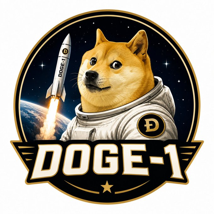 A logo featuring a Shiba Inu dog in an astronaut suit with a rocket, labeled 'DOGE-1' and featuring a Dogecoin symbol.