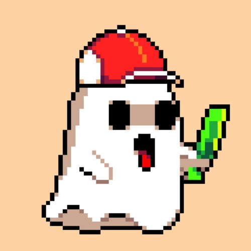 A pixel art illustration of a cute white dog wearing a red and white cap and holding a green object, set against a tan background.