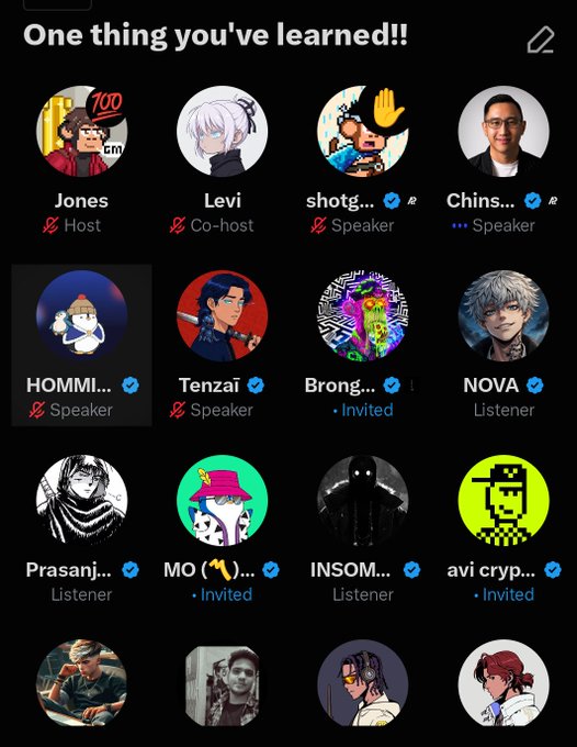 A Twitter Spaces screenshot titled 'One thing you've learned!!' showing 16 participants with hosts Jones and Co-host Levi, and various speakers and listeners including Tenzai, NOVA, and avi cryp.