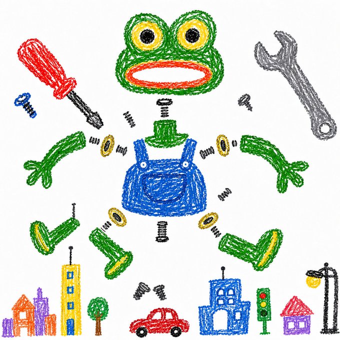 A colorful child's crayon drawing depicting an exploded view of a disassembled frog character, with its head, overalls, and limbs separated by screws and springs, positioned above a small crayon-drawn city street.