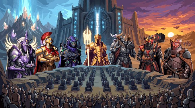 A fantasy illustration showing several armored warriors and fantasy characters standing on a rocky platform overlooking a large crowd of followers.