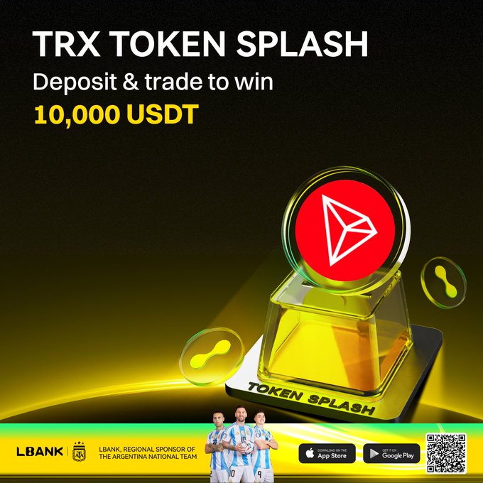 The image depicts an advertisement for a cryptocurrency called "TRX Token Splash" that offers users the opportunity to win a prize pool worth 10,000 USDT by depositing and trading tokens with a guaranteed 4% return on investment (ROI). To participate in this contest, one must deposit at least $5.00 or trade a minimum of 3 tokens for each token deposited. The advertisement is displayed against a black background, emphasizing the potential reward of $4,000 if one follows the instructions and successfully completes the three tasks required to claim their share of the prize pool. The image also shows two people with a soccer ball in the background as part of the advertisement's branding strategy.