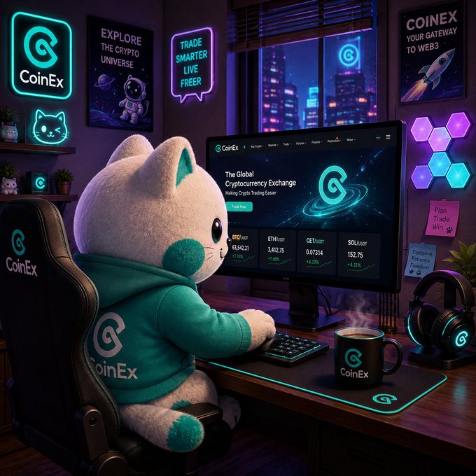 A digital illustration of a cute cat mascot in a teal CoinEx hoodie sitting at a gaming desk with a monitor displaying "The Global Cryptocurrency Exchange" and CoinEx branding throughout the scene.